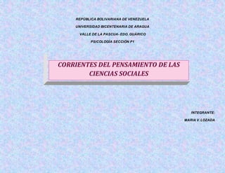 REPÙBLICA BOLIVARIANA DE VENEZUELA
UNIVERSIDAD BICENTENARIA DE ARAGUA
VALLE DE LA PASCUA- EDO. GUÀRICO
PSICOLOGÍA SECCIÓN P1
INTEGRANTE:
MARIA V. LOZADA
CORRIENTES DEL PENSAMIENTO DE LAS
CIENCIAS SOCIALES
 