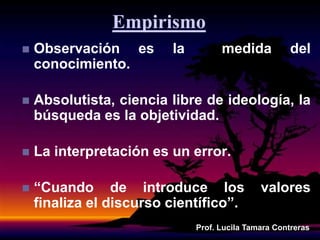 Empirismo
 Observación es la medida del
conocimiento.
 Absolutista, ciencia libre de ideología, la
búsqueda es la objetividad.
 La interpretación es un error.
 “Cuando de introduce los valores
finaliza el discurso científico”.
Prof. Lucila Tamara Contreras
 