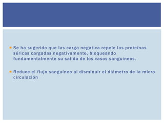  Se ha sugerido que las carga negativa repele las proteínas
séricas cargadas negativamente, bloqueando
fundamentalmente su salida de los vasos sanguíneos.
 Reduce el flujo sanguíneo al disminuir el diámetro de la micro
circulación
 