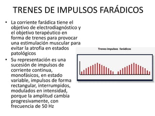 TRENES DE IMPULSOS FARÁDICOS
• La corriente farádica tiene el
objetivo de electrodiagnóstico y
el objetivo terapéutico en
forma de trenes para provocar
una estimulación muscular para
evitar la atrofia en estados
patológicos
• Su representación es una
sucesión de impulsos de
corriente continua,
monofásicos, en estado
variable, impulsos de forma
rectangular, interrumpidos,
modulados en intensidad,
porque la amplitud cambia
progresivamente, con
frecuencia de 50 Hz
 