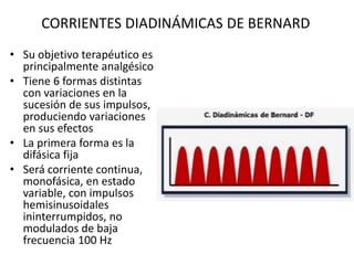 CORRIENTES DIADINÁMICAS DE BERNARD
• Su objetivo terapéutico es
principalmente analgésico
• Tiene 6 formas distintas
con variaciones en la
sucesión de sus impulsos,
produciendo variaciones
en sus efectos
• La primera forma es la
difásica fija
• Será corriente continua,
monofásica, en estado
variable, con impulsos
hemisinusoidales
ininterrumpidos, no
modulados de baja
frecuencia 100 Hz
 