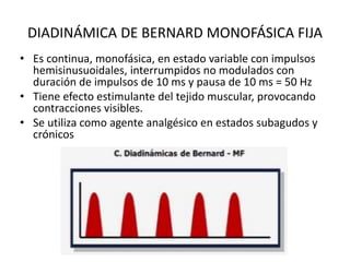 DIADINÁMICA DE BERNARD MONOFÁSICA FIJA
• Es continua, monofásica, en estado variable con impulsos
hemisinusuoidales, interrumpidos no modulados con
duración de impulsos de 10 ms y pausa de 10 ms = 50 Hz
• Tiene efecto estimulante del tejido muscular, provocando
contracciones visibles.
• Se utiliza como agente analgésico en estados subagudos y
crónicos
 