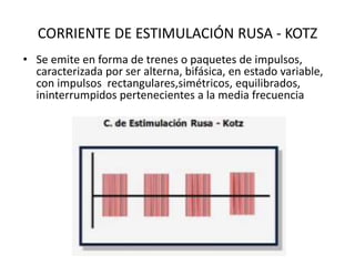 CORRIENTE DE ESTIMULACIÓN RUSA - KOTZ
• Se emite en forma de trenes o paquetes de impulsos,
caracterizada por ser alterna, bifásica, en estado variable,
con impulsos rectangulares,simétricos, equilibrados,
ininterrumpidos pertenecientes a la media frecuencia
 