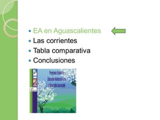  EA en Aguascalientes
 Las corrientes
 Tabla comparativa
 Conclusiones
 
