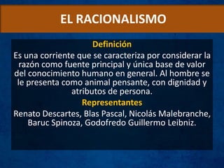 EL RACIONALISMO
Definición
Es una corriente que se caracteriza por considerar la
razón como fuente principal y única base de valor
del conocimiento humano en general. Al hombre se
le presenta como animal pensante, con dignidad y
atributos de persona.
Representantes
Renato Descartes, Blas Pascal, Nicolás Malebranche,
Baruc Spinoza, Godofredo Guillermo Leibniz.
 