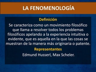LA FENOMENOLOGÍA
Definición
Se caracteriza como un movimiento filosófico
que llama a resolver todos los problemas
filosóficos apelando a la experiencia intuitiva o
evidente, que es aquella en la que las cosas se
muestran de la manera más originaria o patente.
Representantes
Edmund Husserl, Max Scheler.
 