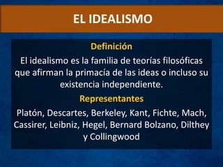 EL IDEALISMO
Definición
El idealismo es la familia de teorías filosóficas
que afirman la primacía de las ideas o incluso su
existencia independiente.
Representantes
Platón, Descartes, Berkeley, Kant, Fichte, Mach,
Cassirer, Leibniz, Hegel, Bernard Bolzano, Dilthey
y Collingwood
 