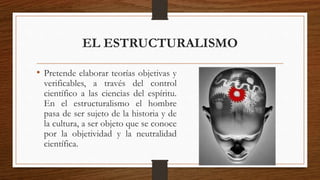 EL ESTRUCTURALISMO 
• Pretende elaborar teorías objetivas y 
verificables, a través del control 
científico a las ciencias del espíritu. 
En el estructuralismo el hombre 
pasa de ser sujeto de la historia y de 
la cultura, a ser objeto que se conoce 
por la objetividad y la neutralidad 
científica. 
 
