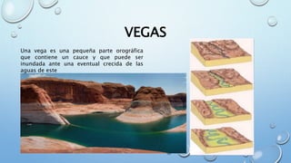 VEGAS
Una vega es una pequeña parte orográfica
que contiene un cauce y que puede ser
inundada ante una eventual crecida de las
aguas de este
 