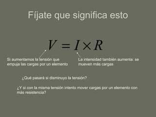 Fíjate que significa esto
RIV ×=
Si aumentamos la tensión que
empuja las cargas por un elemento
La intensidad también aumenta: se
mueven más cargas
¿Qué pasará si disminuyo la tensión?
¿Y si con la misma tensión intento mover cargas por un elemento con
más resistencia?
 