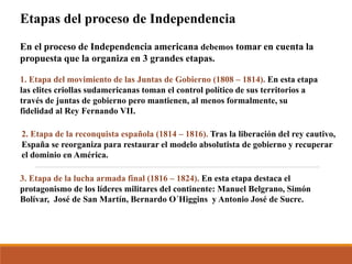 Etapas del proceso de Independencia
En el proceso de Independencia americana debemos tomar en cuenta la
propuesta que la organiza en 3 grandes etapas.
1. Etapa del movimiento de las Juntas de Gobierno (1808 – 1814). En esta etapa
las elites criollas sudamericanas toman el control político de sus territorios a
través de juntas de gobierno pero mantienen, al menos formalmente, su
fidelidad al Rey Fernando VII.
3. Etapa de la lucha armada final (1816 – 1824). En esta etapa destaca el
protagonismo de los líderes militares del continente: Manuel Belgrano, Simón
Bolívar, José de San Martín, Bernardo O´Higgins y Antonio José de Sucre.
2. Etapa de la reconquista española (1814 – 1816). Tras la liberación del rey cautivo,
España se reorganiza para restaurar el modelo absolutista de gobierno y recuperar
el dominio en América.
 