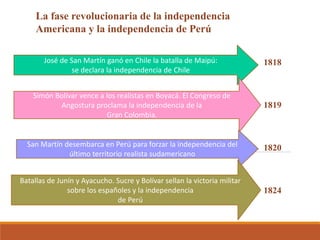 La fase revolucionaria de la independencia
Americana y la independencia de Perú
1818
1819
1820
1824
José de San Martín ganó en Chile la batalla de Maipú:
se declara la independencia de Chile
Simón Bolívar vence a los realistas en Boyacá. El Congreso de
Angostura proclama la independencia de la
Gran Colombia.
San Martín desembarca en Perú para forzar la independencia del
último territorio realista sudamericano
Batallas de Junín y Ayacucho. Sucre y Bolívar sellan la victoria militar
sobre los españoles y la independencia
de Perú
 