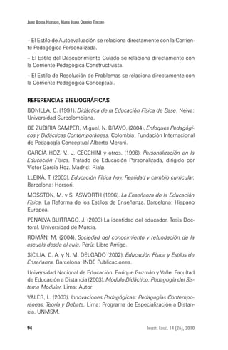 94 Invest. Educ. 14 (26), 2010
Jaime Borda Hurtado, María Juana Ormeño Tercero
– El Estilo de Autoevaluación se relaciona directamente con la Corrien-
te Pedagógica Personalizada.
– El Estilo del Descubrimiento Guiado se relaciona directamente con
la Corriente Pedagógica Constructivista.
– El Estilo de Resolución de Problemas se relaciona directamente con
la Corriente Pedagógica Conceptual.
REFERENCIAS BIBLIOGRÁFICAS
Bonilla, C. (1991). Didáctica de la Educación Física de Base. Neiva:
Universidad Surcolombiana.
De Zubiria Samper, Miguel, N. Bravo, (2004). Enfoques Pedagógi-
cos y Didácticas Contemporáneas. Colombia: Fundación Internacional
de Pedagogía Conceptual Alberto Merani.
García Hoz, V., J. Cecchini y otros. (1996). Personalización en la
Educación Física. Tratado de Educación Personalizada, dirigido por
Víctor García Hoz. Madrid: Rialp.
Lleixà, T. (2003). Educación Física hoy. Realidad y cambio curricular.
Barcelona: Horsori.
Mosston, M. y S. Asworth (1996). La Enseñanza de la Educación
Física. La Reforma de los Estilos de Enseñanza. Barcelona: Hispano
Europea.
Penalva Buitrago, J. (2003) La identidad del educador. Tesis Doc-
toral. Universidad de Murcia.
Román, M. (2004). Sociedad del conocimiento y refundación de la
escuela desde el aula. Perú: Libro Amigo.
Sicilia. C. A. y N. M. Delgado (2002). Educación Física y Estilos de
Enseñanza. Barcelona: INDE Publicaciones.
Universidad Nacional de Educación. Enrique Guzmán y Valle. Facultad
de Educación a Distancia (2003). Módulo Didáctico. Pedagogía del Sis-
tema Modular. Lima: Autor
Valer, L. (2003). Innovaciones Pedagógicas: Pedagogías Contempo-
ráneas, Teoría y Debate. Lima: Programa de Especialización a Distan-
cia. UNMSM.
 