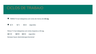 CICLOS DE TRABAJO
● FIBRAS T1 las trabajamos con ciclos de menos de 10 seg.
● 1/ 4 5/ 5 4/12 segundos
Fibras T 2 las trabajamos con ciclos mayores a 10 seg.
10/ 20 10/50 10/10 segundos
Siempre hacer electroterapia funcional
 