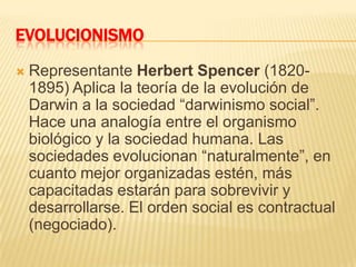 EVOLUCIONISMORepresentante Herbert Spencer (1820-1895) Aplica la teoría de la evolución de Darwin a la sociedad “darwinismo social”. Hace una analogía entre el organismo biológico y la sociedad humana. Las sociedades evolucionan “naturalmente”, en cuanto mejor organizadas estén, más capacitadas estarán para sobrevivir y desarrollarse. El orden social es contractual (negociado).