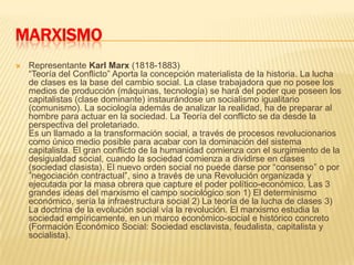MARXISMORepresentante Karl Marx (1818-1883)“Teoría del Conflicto” Aporta la concepción materialista de la historia. La lucha de clases es la base del cambio social. La clase trabajadora que no posee los medios de producción (máquinas, tecnología) se hará del poder que poseen los capitalistas (clase dominante) instaurándose un socialismo igualitario (comunismo). La sociología además de analizar la realidad, ha de preparar al hombre para actuar en la sociedad. La Teoría del conflicto se da desde la perspectiva del proletariado.Es un llamado a la transformación social, a través de procesos revolucionarios como único medio posible para acabar con la dominación del sistema capitalista. El gran conflicto de la humanidad comienza con el surgimiento de la desigualdad social, cuando la sociedad comienza a dividirse en clases (sociedad clasista). El nuevo orden social no puede darse por “consenso” o por ”negociación contractual”, sino a través de una Revolución organizada y ejecutada por la masa obrera que capture el poder político-económico. Las 3 grandes ideas del marxismo el campo sociológico son 1) El determinismo económico, sería la infraestructura social 2) La teoría de la lucha de clases 3) La doctrina de la evolución social vía la revolución. El marxismo estudia la sociedad empíricamente, en un marco económico-social e histórico concreto (Formación Económico Social: Sociedad esclavista, feudalista, capitalista y socialista).