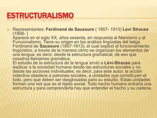 ESTRUCTURALISMORepresentantes: Ferdinand de Saussure (1857- 1913) Levi Strauss (1908- )Aparece en el siglo XX, años sesenta, en respuesta al Marxismo y al Funcionalismo. Tiene su origen en los análisis lingüistas del belga Ferdinand de Saussure (1857-1913), el cual explicó el funcionamiento lingüístico, a través de la manera cómo se organizan los elementos de una lengua; es decir, desde la estructura gramatical, de eso que nosotros llamamos gramática.El estudio de la estructura de la lengua sirvió a Lévi-Strauss para explicar a la sociedad humana desde las estructuras sociales y no desde las acciones individuales; es decir, para este autor, la acción colectiva obedece a patrones sociales, a unidades que constituyen el todo, pero que deben ser desglosadas para su estudio. Estas unidades forman una red que es el tejido social. Todo hecho humano entraña una estructura y para comprenderla hay que entender el hecho y su cadena.