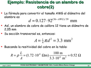 Ejemplo: Resistencia de un alambre de
                      cobre(2)
 La fórmula para convertir el tamaño AWG al diámetro...