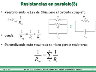Resistencias en paralelo(3)
 Reescribiendo la Ley de Ohm para el circuito completo
                    1                 ...
