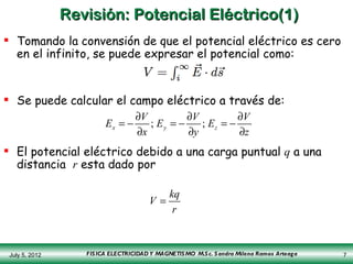 Revisión: Potencial Eléctrico(1)
 Tomando la convensión de que el potencial eléctrico es cero
  en el infinito, se puede ...