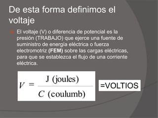 De esta forma definimos el voltajeEl voltaje (V) o diferencia de potencial es la presión (TRABAJO) que ejerce una fuente de suministro de energía eléctrica o fuerza electromotriz (FEM) sobre las cargas eléctricas, para que se establezca el flujo de una corriente eléctrica.=VOLTIOS