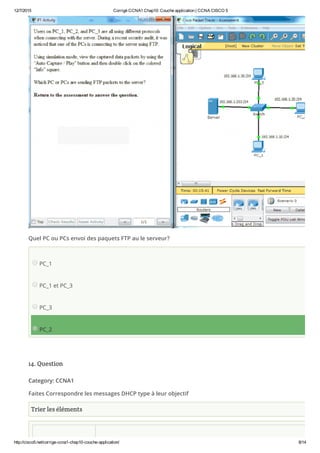 12/7/2015 Corrigé CCNA1 Chap10: Couche application | CCNA CISCO 5
http://cisco5.net/corrige­ccna1­chap10­couche­application/ 8/14
Quel PC ou PCs envoi des paquets FTP au le serveur?
PC_1
PC_1 et PC_3
PC_3
PC_2
14. Question
Category: CCNA1
Faites Correspondre les messages DHCP type à leur objectif
Trier les éléments
 