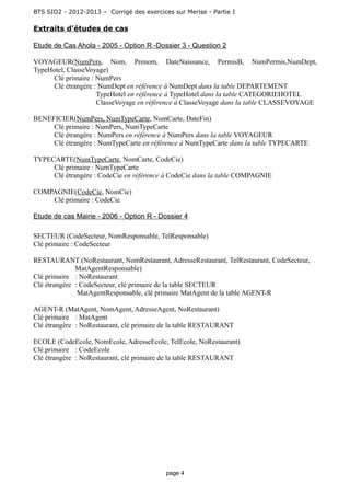 BTS SIO2 - 2012-2013 – Corrigé des exercices sur Merise - Partie I
Extraits d'études de cas
Etude de Cas Ahola - 2005 - Option R -Dossier 3 - Question 2
VOYAGEUR(NumPers, Nom, Prenom, DateNaissance, PermisB, NumPermis,NumDept,
TypeHotel, ClasseVoyage)
Clé primaire : NumPers
Clé étrangère : NumDept en référence à NumDept dans la table DEPARTEMENT
TypeHotel en référence à TypeHotel dans la table CATEGORIEHOTEL
ClasseVoyage en référence à ClasseVoyage dans la table CLASSEVOYAGE
BENEFICIER(NumPers, NumTypeCarte, NumCarte, DateFin)
Clé primaire : NumPers, NumTypeCarte
Clé étrangère : NumPers en référence à NumPers dans la table VOYAGEUR
Clé étrangère : NumTypeCarte en référence à NumTypeCarte dans la table TYPECARTE
TYPECARTE(NumTypeCarte, NomCarte, CodeCie)
Clé primaire : NumTypeCarte
Clé étrangère : CodeCie en référence à CodeCie dans la table COMPAGNIE
COMPAGNIE(CodeCie, NomCie)
Clé primaire : CodeCie
Etude de cas Mairie - 2006 - Option R - Dossier 4
SECTEUR (CodeSecteur, NomResponsable, TelResponsable)
Clé primaire : CodeSecteur
RESTAURANT (NoRestaurant, NomRestaurant, AdresseRestaurant, TelRestaurant, CodeSecteur,
MatAgentResponsable)
Clé primaire : NoRestaurant
Clé étrangère : CodeSecteur, clé primaire de la table SECTEUR
MatAgentResponsable, clé primaire MatAgent de la table AGENT-R
AGENT-R (MatAgent, NomAgent, AdresseAgent, NoRestaurant)
Clé primaire : MatAgent
Clé étrangère : NoRestaurant, clé primaire de la table RESTAURANT
ECOLE (CodeEcole, NomEcole, AdresseEcole, TelEcole, NoRestaurant)
Clé primaire : CodeEcole
Clé étrangère : NoRestaurant, clé primaire de la table RESTAURANT
page 4
 