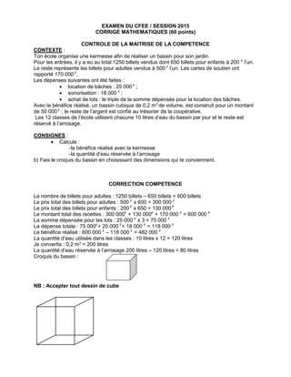 EXAMEN DU CFEE / SESSION 2015
CORRIGE MATHEMATIQUES (60 points)
CONTROLE DE LA MAITRISE DE LA COMPETENCE
CONTEXTE :
Ton école organise une kermesse afin de réaliser un bassin pour son jardin.
Pour les entrées, il y a eu au total 1250 billets vendus dont 650 billets pour enfants à 200 F
l’un.
Le reste représente les billets pour adultes vendus à 500 F
l’un. Les cartes de soutien ont
rapporté 170 000 F
.
Les dépenses suivantes ont été faites :
 location de bâches : 25 000 F
;
 sonorisation : 18 000 F
;
 achat de lots : le triple de la somme dépensée pour la location des bâches.
Avec le bénéfice réalisé, un bassin cubique de 0,2 m3
de volume, est construit pour un montant
de 50 000 F
; le reste de l’argent est confié au trésorier de la coopérative.
Les 12 classes de l’école utilisent chacune 10 litres d’eau du bassin par jour et le reste est
réservé à l’arrosage.
CONSIGNES :
 Calcule :
-le bénéfice réalisé avec la kermesse
-la quantité d’eau réservée à l’arrosage
b) Fais le croquis du bassin en choisissant des dimensions qui te conviennent.
CORRECTION COMPETENCE
Le nombre de billets pour adultes : 1250 billets – 650 billets = 600 billets
Le prix total des billets pour adultes : 500 F
x 600 = 300 000 F
Le prix total des billets pour enfants : 200 F
x 650 = 130 000 F
Le montant total des recettes : 300 000F
+ 130 000F
+ 170 000 F
= 600 000 F
La somme dépensée pour les lots : 25 000 F
x 3 = 75 000 F
La dépense totale : 75 000F
+ 25 000 F
+ 18 000 F
= 118 000 F
Le bénéfice réalisé : 600 000 F
– 118 000 F
= 482 000 F
La quantité d’eau utilisée dans les classes : 10 litres x 12 = 120 litres
Je convertis : 0,2 m3
= 200 litres
La quantité d’eau réservée à l’arrosage 200 litres – 120 litres = 80 litres
Croquis du bassin :
NB : Accepter tout dessin de cube
 