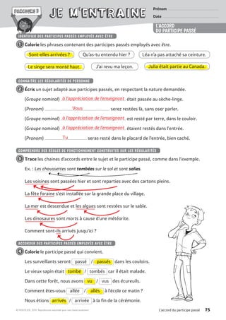 à l’appréciation de l’enseignant
Vous
à l’appréciation de l’enseignant
à l’appréciation de l’enseignant
Tu
L'accord du participe passé 75© MDI/SEJER, 2019. Reproduction autorisée pour une classe seulement.
Prénom �����������������������������������������������������������������������������������
Date ���������������������������������������������������������������������������������������������
L'ACCORD
DU PARTICIPE PASSÉ
IDENTIFIER DES PARTICIPES PASSÉS EMPLOYÉS AVEC ÊTRE
 1  	Colorie les phrases contenant des participes passés employés avec être.
CONNAITRE LES RÉGULARITÉS DE PERSONNE
 2  	Écris un sujet adapté aux participes passés, en respectant la nature demandée.
(Groupe nominal) ...................................................................................................... était passée au sèche-linge.
(Pronom) ...................................................................................................... serez restées là, sans oser parler.
(Groupe nominal) ...................................................................................................... est resté par terre, dans le couloir.
(Groupe nominal) ...................................................................................................... étaient restés dans l’entrée.
(Pronom) .................................................................. seras resté dans le placard de l’entrée, bien caché.
COMPRENDRE DES RÈGLES DE FONCTIONNEMENT CONSTRUITES SUR LES RÉGULARITÉS
 3  	Trace les chaines d’accords entre le sujet et le participe passé, comme dans l’exemple.
Ex. : Les chaussettes sont tombées sur le sol et sont salies.
Les voisines sont passées hier et sont reparties avec des cartons pleins.
La fête foraine s’est installée sur la grande place du village.
La mer est descendue et les algues sont restées sur le sable.
Les dinosaures sont morts à cause d’une météorite.
Comment sont-ils arrivés jusqu’ici ?
ACCORDER DES PARTICIPES PASSÉS EMPLOYÉS AVEC ÊTRE
 4  	Colorie le participe passé qui convient.
Les surveillants seront passé / passés dans les couloirs.
Le vieux sapin était tombé / tombés car il était malade.
Dans cette forêt, nous avons vu / vus des écureuils.
Comment êtes-vous allée / allés à l’école ce matin ?
Nous étions arrivés / arrivée à la fin de la cérémonie.
Sont-elles arrivées ?
Le singe sera monté haut.
Léa n’a pas attaché sa ceinture.Qu’as-tu entendu hier ?
J’ai revu ma leçon. Julia était partie au Canada.
 