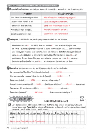 arrivée
sortie
allés
aboyésortis
faites
parvenus
ee
s s
e
e
Correction à l’appréciation de l’enseignant.
Mes frères sont restés quelques jours.
Vous n’avez jamais fait le tri.
Sont-elles retournées en ville ?
Marie Curie est née en 1867.
Ces skieurs sont-ils tombés ?
L'accord du participe passé76 © MDI/SEJER, 2019. Reproduction autorisée pour une classe seulement.
ÉCRIRE DES VERBES AU PASSÉ COMPOSÉ EMPLOYÉ AVEC L’AUXILIAIRE ÊTRE
 5  	Recopie les phrases en les mettant au passé composé et accorde les participes passés.
PRÉSENT PASSÉ COMPOSÉ
Mes frères restent quelques jours.
Vous ne faites jamais le tri.
Retournent-elles en ville ?
Marie Curie nait en 1867.
Ces skieurs tombent-ils ?
 6  	Complète si nécessaire les participes passés en réalisant les accords.
Elisabeth II est né............... en 1926. Elle est monté............... sur le trône d’Angleterre
en 1953. Pour cette grande occasion, la jeune femme avait fait............... confectionner
une incroyable robe de soie blanche. Tous les membres de la famille royale étaient
venu................ Au début de la cérémonie, les invités officiels étaient passé............... en
procession devant des millions de spectateurs. La reine est resté............... quelques
instants seule puis elle est sorti............... , accompagnée de tout son cortège.
 7  	Complète les phrases avec les participes passés des verbes indiqués.
La commande d’Aurélie n’était jamais (arriver) ...........................................................................................
Oh, une nouvelle console ! Quand est-elle (sortir) .................................................................. ?
Êtes-vous (aller) .................................................................. au marché ce matin ?
Quand nous sommes (sortir)................................................, la chienne a (aboyer) ...................................................... longtemps.
Toutes ces décorations sont (faire) .............................................................................. à la main.
Êtes-vous (parvenir) .................................................................................... à résoudre cette énigme ?
LES 24 HEURES DU MANS
 8  Lors de la dernière édition des 24 Heures du Mans, 180 pilotes ont concouru les uns
contre les autres. Raconte leur course effrénée, en utilisant les verbes suivants au passé
composé : partir, aller, arriver, sortir, passer.
L¥��de la derni�re éditi� de�24 H¥eure� du M¥an�, le�pil�e�de c�rse
��t
 