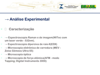 -> Análise Experimental͸ Caracterização:-> Espectroscopia Raman e de imagem(WITec com um laser verde - 532nm).-> Espectroscopia dipersiva de raio-X(EDX)-> Microscopia eletrônica de varredura (MEV -Zeiss Gémeos Ultra-55)-> Microscopia óptica-> Microscopia de força atômica(AFM - modo Tapping; Digital Instruments 3000)