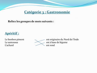 Catégorie 3 : Gastronomie

  Reliez les groupes de mots suivants :



Apéritif :
Le bonbon piment                est originaire du Nord de l’Inde
Le samoussa                     est à base de légume
L’achard                        est rond
 