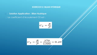 EXERCICE 2: BILAN HYDRIQUE
Solution Application : Bilan Hydrique
Le coefficient d’écoulement CE est :
 