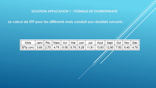 SOLUTION APPLICATION 1 : FORMULE DE THORNTHWAITE
Le calcul de ETP pour les différents mois conduit aux résultats suivants :
 