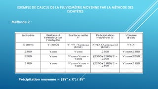 EXEMPLE DE CALCUL DE LA PLUVIOMÉTRIE MOYENNE PAR LA MÉTHODE DES
ISOHYÈTES
Méthode 2 :
Précipitation moyenne = (SY’ x X’)/ SY’
 