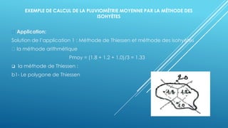 EXEMPLE DE CALCUL DE LA PLUVIOMÉTRIE MOYENNE PAR LA MÉTHODE DES
ISOHYÈTES
Application:
Solution de l’application 1 : Méthode de Thiessen et méthode des isohyètes
la méthode arithmétique
Pmoy = (1.8 + 1.2 + 1.0)/3 = 1.33
❑ la méthode de Thiessen :
b1- Le polygone de Thiessen
 