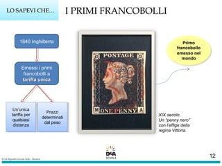 I PRIMI FRANCOBOLLILO SAPEVI CHE…LO SAPEVI CHE…
XIX secolo.
Un “penny nero”
con l’effige della
regina Vittoria.
1840 Inghilterra
Emessi i primi
francobolli a
tariffa unicatariffa unica
Prezzi
determinati
dal peso
Prezzi
determinati
dal peso
Un’unica
tariffa per
qualsiasi
distanza
Un’unica
tariffa per
qualsiasi
distanza
12
 