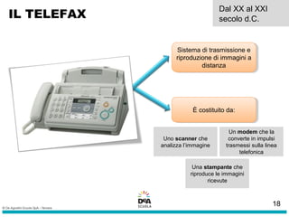 Una stampante che
riproduce le immagini
ricevute
IL TELEFAX
Dal XX al XXI
secolo d.C.
Sistema di trasmissione e
riproduzione di immagini a
distanza
Sistema di trasmissione e
riproduzione di immagini a
distanza
È costituito da:È costituito da:
Un modem che la
converte in impulsi
trasmessi sulla linea
telefonica
Uno scanner che
analizza l’immagine
18
 