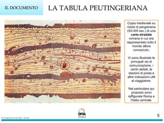 LA TABULA PEUTINGERIANAIL DOCUMENTOIL DOCUMENTO
Copia medievale su
rotolo di pergamena
(XII-XIII sec.) di una
carta stradale
romana in cui era
rappresentato tutto il
mondo allora
conosciuto.
Vi sono illustrate le
principali vie di
comunicazione, i
centri abitati, le
stazioni di posta e
altre indicazioni utili
al viaggiatore.
Nel particolare qui
proposto sono
raffigurate Roma e
l’Italia centrale.
5
 