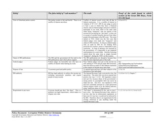 Policy Document: Corruption Within Modern Christianity 183 of 200
Copyright Sovereignty Education and Defense Ministry ,http://sedm.org
Form 08.012, Rev. 1-21-2017 EXHIBIT:________
Belief The false belief of “cult members” The truth Proof of the truth found in which
section of the Great IRS Hoax, Form
#11.302 book
View of American justice system Our justice system is fair and lawful. There is no
conflict of interest anywhere.
Conflict of interest occurs every day all day in
federal courtrooms. It is a conflict of interest in
violation of 18 U.S.C. 208 for any judge or jurist
to hear a case in which they have a financial
interest, and yet federal judges and jurors routinely
participate in tax trials while at the same time
either being “taxpayers” who are jealous of the
accused for not paying his “fair share”, or they are
in receipt of socialist benefits derived from other
people who participate in the IRS scam. This scam
started in 1918, which was the first year that
federal judges were made into “taxpayers” and
subject to IRS extortion. As long as a federal judge
risks an audit by IRS for not helping them
prosecute tax resisters, justice is impossible in any
courtroom. As long as attorneys are licensed by
the government, it is impossible to get impartial
representation in a court either. Attorney licensing
started about the same time as judges became
“taxpayers”, during the 1930’s in this country.
6.9 to 6.9.12
Nature of IRS publications The IRS and the government tell the truth in the
IRS publications and in their phone support..
The IRS publications are deceptive because they
omit the most important parts of the truth.
3.19
Federal judges Federal judges are honorable men who have no
conflict of interest when hearing tax trials.
Since federal judges were put on the income tax
rolls starting in 1918 and put under IRS terrorism,
there has been no justice in the federal courtroom
in the context of income taxes since then.
See:
http://famguardian.org/TaxFreedom/
Forms/Discovery/Deposition/
WhyCourtsCantAddressQuestions.htm
Purpose of law To promote good and public policy To punish harm and leave all other subjects at the
discretion of the individual.
3.3 to 3.6
IRS authority IRS has legal authority to enforce the income tax,
including assessments, penalties, and require
people to keep records.
The Internal Revenue Code is not positive law, but
special law. The entire title was never enacted into
positive law (see 1 U.S.C. 204 legislative notes)
and can’t be, because abuse of the government’s
taxing power to accomplish theft can never be
made into law. The I.R.C. was repealed in 1939
and now essentially amounts to a state-sponsored
federal religion which is by the federal judiciary
using “malicious abuse of legal process”.
5.4.10 to 5.4.13, Chapter 7
Requirement to pay taxes Everyone should pay their “fair share”. This is a
political, not legal requirement., which makes it a
religion, not a law.
“Fair share” is determined by law, and we don’t’
have a law. The Internal Revenue Code, which is
not law, also has no enforcement regulations so
that even if it was law, it could not be enforced by
the IRS. Therefore, there is no requirement for the
average American to pay anything under the
Internal Revenue Code.
5.1.2, 5.4.1 to 5.4.3.5, 5.6 to 5.6.21.
 