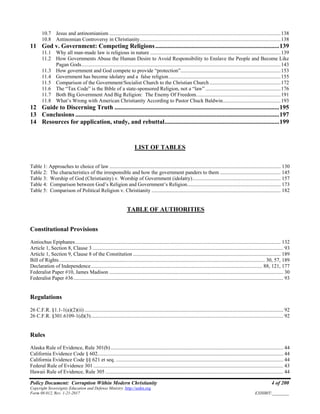 Policy Document: Corruption Within Modern Christianity 4 of 200
Copyright Sovereignty Education and Defense Ministry ,http://sedm.org
Form 08.012, Rev. 1-21-2017 EXHIBIT:________
10.7 Jesus and antinomianism ..................................................................................................................................138
10.8 Antinomian Controversy in Christianity...........................................................................................................138
11 God v. Government: Competing Religions...............................................................................139
11.1 Why all man-made law is religious in nature ...................................................................................................139
11.2 How Governments Abuse the Human Desire to Avoid Responsibility to Enslave the People and Become Like
Pagan Gods.......................................................................................................................................................143
11.3 How government and God compete to provide “protection”............................................................................153
11.4 Government has become idolatry and a false religion.....................................................................................155
11.5 Comparison of the Government/Socialist Church to the Christian Church ......................................................172
11.6 The “Tax Code” is the Bible of a state-sponsored Religion, not a “law” .........................................................176
11.7 Both Big Government And Big Religion: The Enemy Of Freedom................................................................191
11.8 What’s Wrong with American Christianity According to Pastor Chuck Baldwin............................................193
12 Guide to Discerning Truth .........................................................................................................195
13 Conclusions ..................................................................................................................................197
14 Resources for application, study, and rebuttal.........................................................................199
LIST OF TABLES
Table 1: Approaches to choice of law .................................................................................................................................. 130
Table 2: The characteristics of the irresponsible and how the government panders to them .............................................. 145
Table 3: Worship of God (Christianity) v. Worship of Government (idolatry)................................................................... 157
Table 4: Comparison between God’s Religion and Government’s Religion....................................................................... 173
Table 5: Comparison of Political Religion v. Christianity .................................................................................................. 182
TABLE OF AUTHORITIES
Constitutional Provisions
Antiochus Epiphanes............................................................................................................................................................ 132
Article 1, Section 8, Clause 3................................................................................................................................................. 93
Article 1, Section 9, Clause 8 of the Constitution ................................................................................................................ 189
Bill of Rights............................................................................................................................................................ 30, 57, 189
Declaration of Independence.................................................................................................................................. 88, 121, 177
Federalist Paper #10, James Madison .................................................................................................................................... 30
Federalist Paper #36............................................................................................................................................................... 93
Regulations
26 C.F.R. §1.1-1(a)(2)(ii)....................................................................................................................................................... 92
26 C.F.R. §301.6109-1(d)(3).................................................................................................................................................. 92
Rules
Alaska Rule of Evidence, Rule 301(b)................................................................................................................................... 44
California Evidence Code § 602............................................................................................................................................. 44
California Evidence Code §§ 621 et seq. ............................................................................................................................... 44
Federal Rule of Evidence 301 ................................................................................................................................................ 43
Hawaii Rule of Evidence, Rule 305 ....................................................................................................................................... 44
 