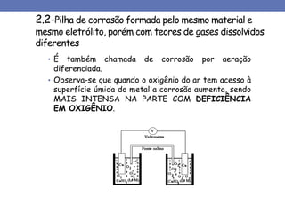 2.2-Pilha de corrosão formada pelo mesmo material e
mesmo eletrólito, porém com teores de gases dissolvidos
diferentes
• É também chamada de corrosão por aeração
diferenciada.
• Observa-se que quando o oxigênio do ar tem acesso à
superfície úmida do metal a corrosão aumenta, sendo
MAIS INTENSA NA PARTE COM DEFICIÊNCIA
EM OXIGÊNIO.
 