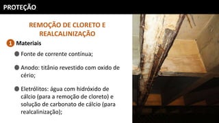 PROTEÇÃO
REMOÇÃO DE CLORETO E
REALCALINIZAÇÃO
Materiais1
Fonte de corrente contínua;
Anodo: titânio revestido com oxido de
cério;
Eletrólitos: água com hidróxido de
cálcio (para a remoção de cloreto) e
solução de carbonato de cálcio (para
realcalinização);
 