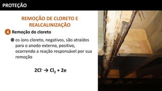 PROTEÇÃO
REMOÇÃO DE CLORETO E
REALCALINIZAÇÃO
Remoção do cloreto4
os íons cloreto, negativos, são atraídos
para o anodo externo, positivo,
ocorrendo a reação responsável por sua
remoção
2Cl- → Cl2 + 2e
 