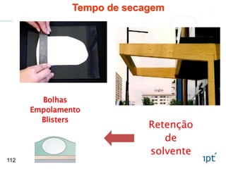 112
Retenção
de
solvente
Bolhas
Empolamento
Blisters
Tempo de secagem
 