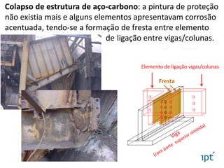 Colapso de estrutura de aço-carbono: a pintura de proteção
não existia mais e alguns elementos apresentavam corrosão
acentuada, tendo-se a formação de fresta entre elemento
de ligação entre vigas/colunas.
Fresta
Elemento de ligação vigas/colunas
 