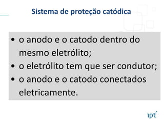 • o anodo e o catodo dentro do
mesmo eletrólito;
• o eletrólito tem que ser condutor;
• o anodo e o catodo conectados
eletricamente.
Sistema de proteção catódica
 