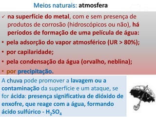 na superfície do metal, com e sem presença de
produtos de corrosão (hidroscópicos ou não), há
períodos de formação de uma película de água:
• pela adsorção do vapor atmosférico (UR > 80%);
• por capilaridade;
• pela condensação da água (orvalho, neblina);
• por precipitação.
A chuva pode promover a lavagem ou a
contaminação da superfície e um ataque, se
for ácida: presença significativa de dióxido de
enxofre, que reage com a água, formando
ácido sulfúrico - H2SO4
Meios naturais: atmosfera
 