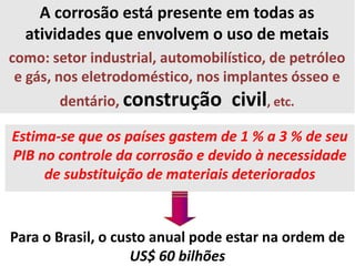 A corrosão está presente em todas as
atividades que envolvem o uso de metais
como: setor industrial, automobilístico, de petróleo
e gás, nos eletrodoméstico, nos implantes ósseo e
dentário, construção civil, etc.
Estima-se que os países gastem de 1 % a 3 % de seu
PIB no controle da corrosão e devido à necessidade
de substituição de materiais deteriorados
Para o Brasil, o custo anual pode estar na ordem de
US$ 60 bilhões
 