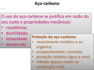 Aço-carbono
O uso do aço-carbono se justifica em razão do
seu custo e propriedades mecânicas:
• resistência;
• ductilidade;
• tenacidade
• dureza etc.
Proteção do aço-carbono:
• revestimento metálico e ou
orgânico;
• encapsulamento: concreto;
• proteção catódica (água e solo);
• inibidor (pouco usado na
construção civil).
 